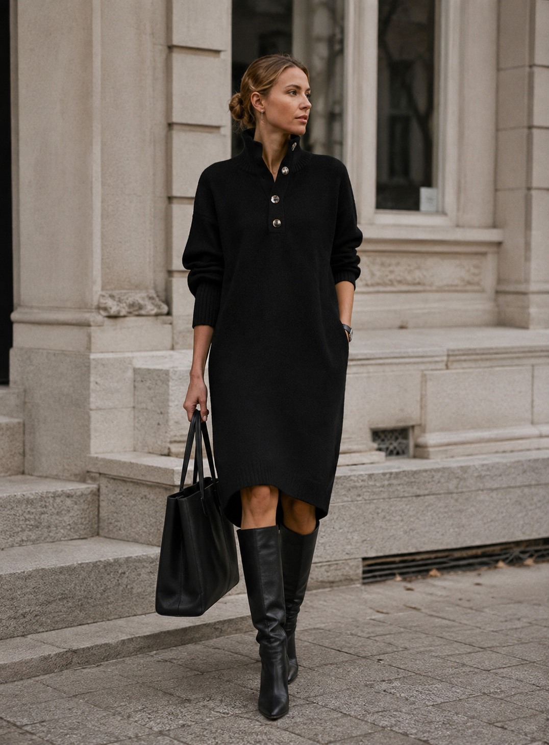 Damen Strickkleid mit hohem Kragen und Knopfleiste