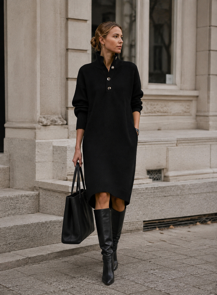 Damen Strickkleid mit hohem Kragen und Knopfleiste