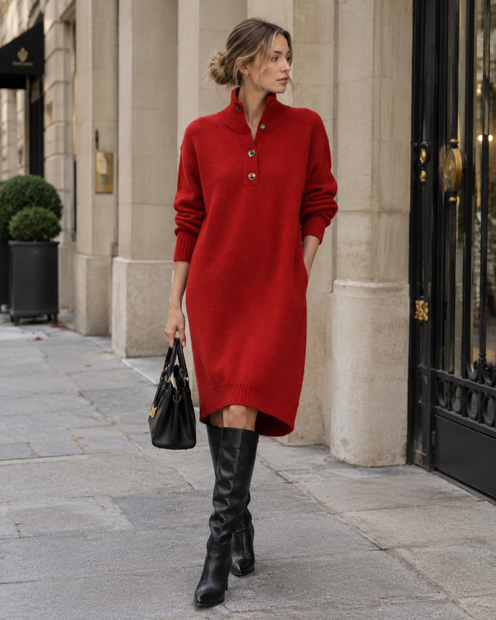 Damen Strickkleid mit hohem Kragen und Knopfleiste