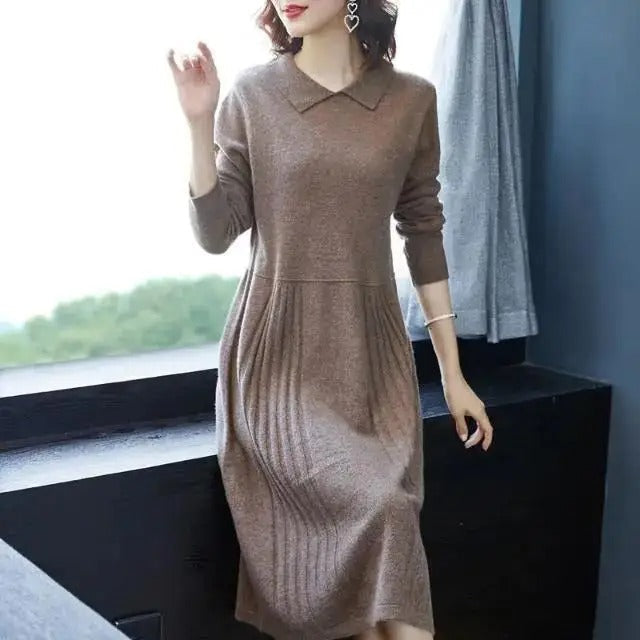 Damen Strickkleid mit langen Ärmeln für Alltag und Anlässe - Grau