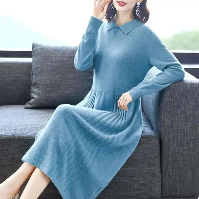 Damen Strickkleid mit langen Ärmeln für Alltag und Anlässe - Grau
