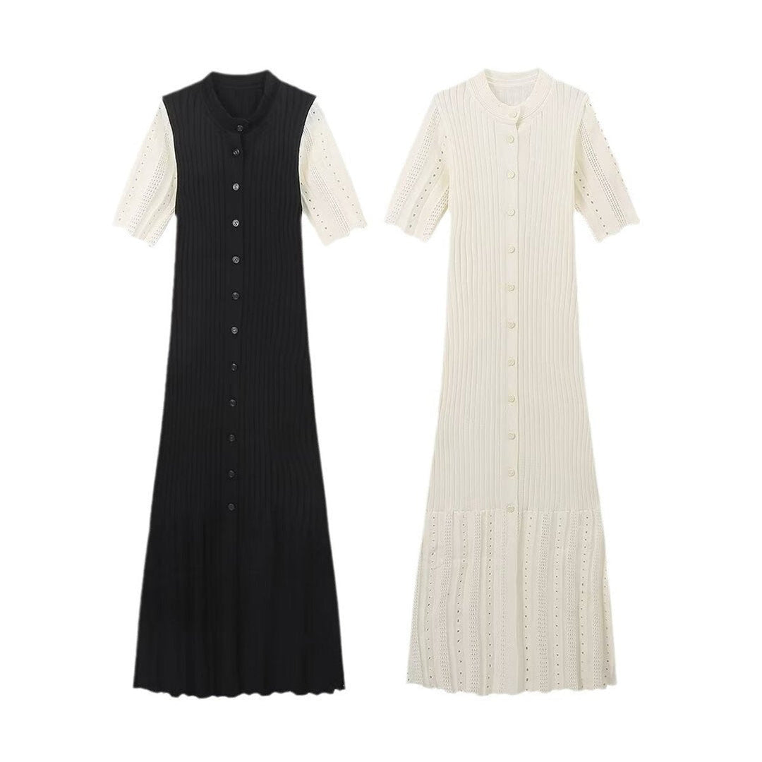 Damen Strickkleid mit Rippstrick und V-Ausschnitt und Maxilänge - Aprikose