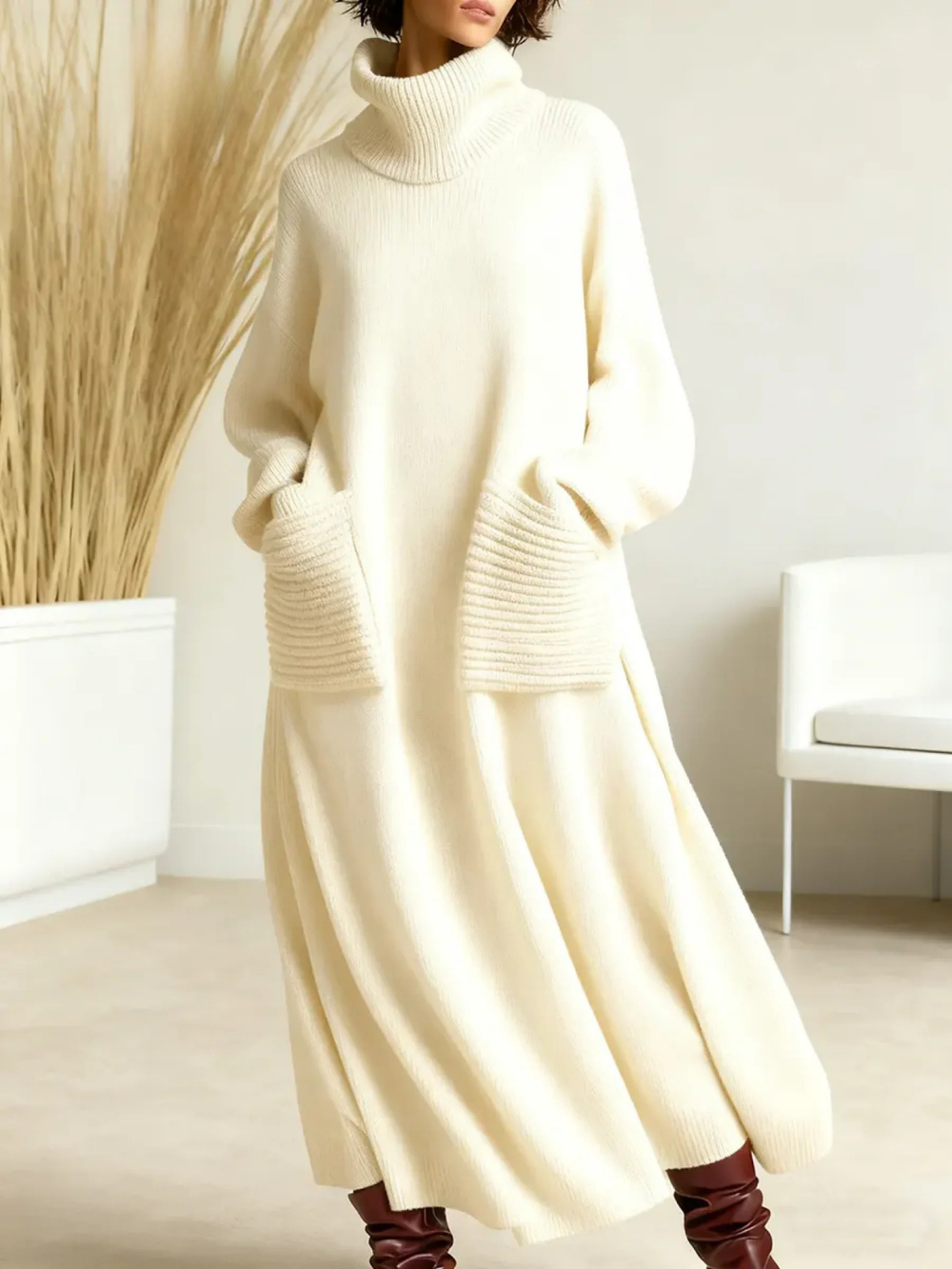 Damen Strickkleid mit Rollkragen und Seitentaschen
