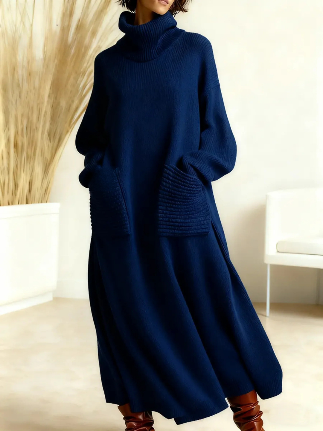 Damen Strickkleid mit Rollkragen und Seitentaschen