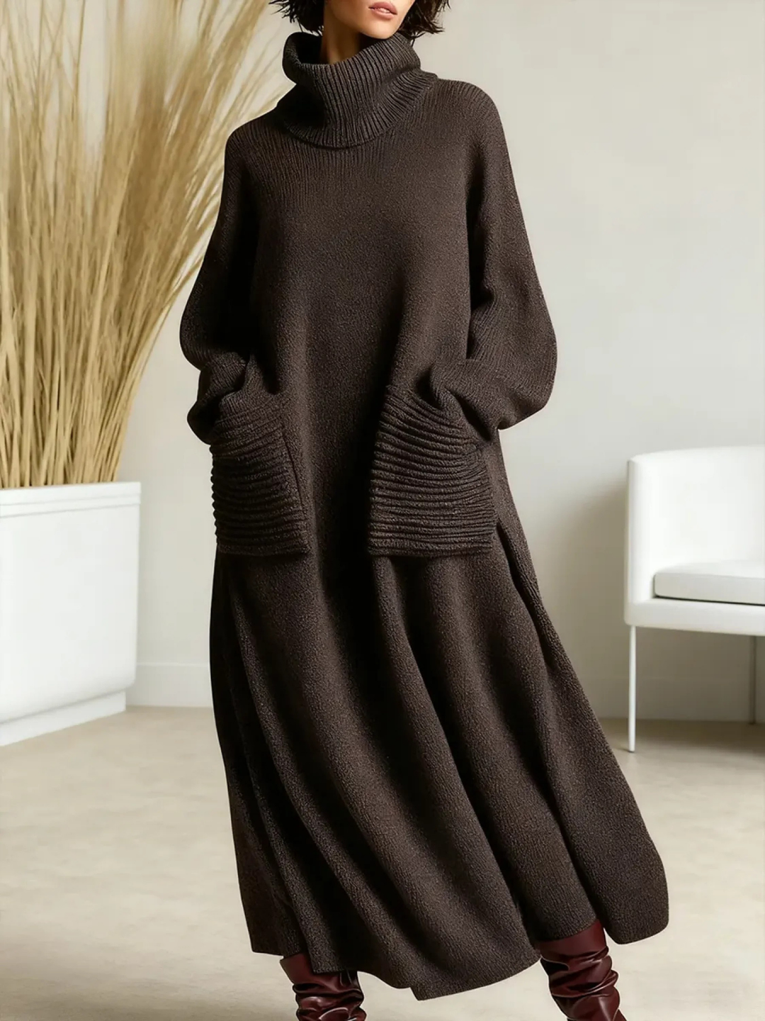 Damen Strickkleid mit Rollkragen und Seitentaschen