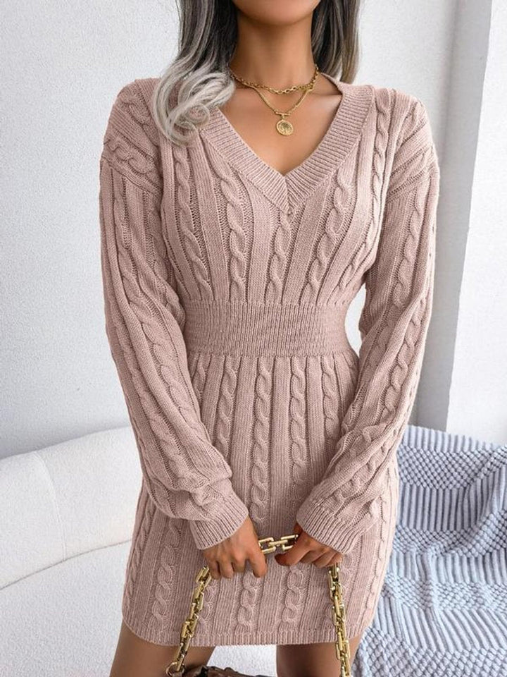 Damen Strickkleid mit V-Ausschnitt und langen Ärmeln - Khaki