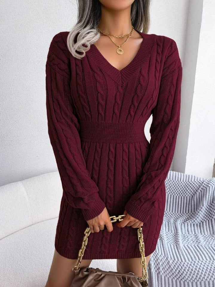 Damen Strickkleid mit V-Ausschnitt und langen Ärmeln - Blau