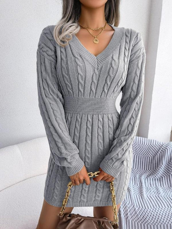 Damen Strickkleid mit V-Ausschnitt und langen Ärmeln - Blau