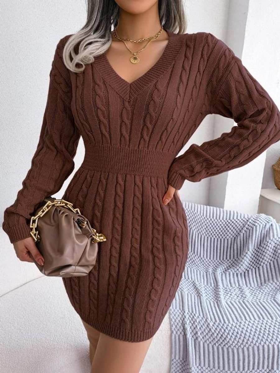 Damen Strickkleid mit V-Ausschnitt und langen Ärmeln - Rosa