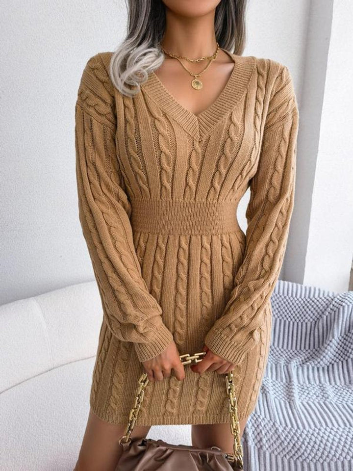 Damen Strickkleid mit V-Ausschnitt und langen Ärmeln - Khaki