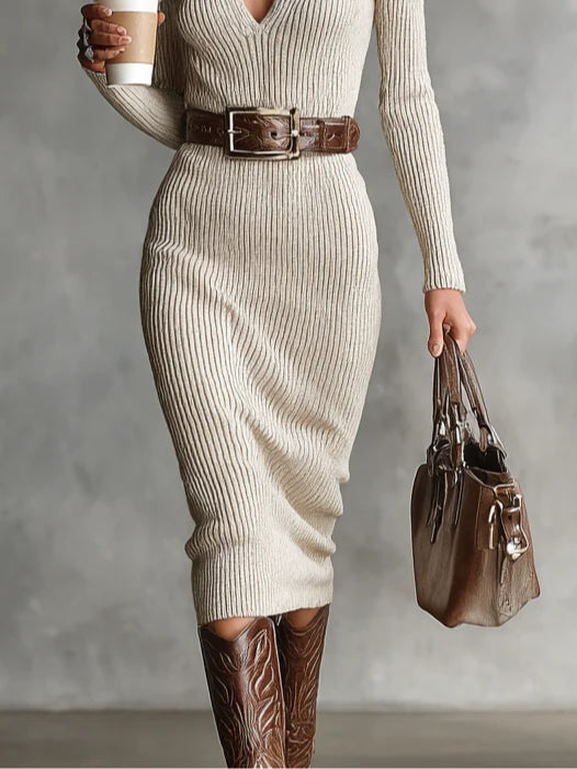 Damen Strickkleid mit V-Ausschnitt und Stehkragen