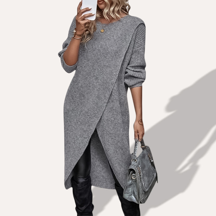 Damen Strickkleid mit verlängerter Form für kalte Tage - Grau