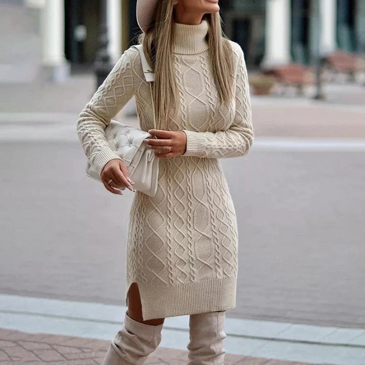 Damen Strickkleid mit Zopfmuster und Rollkragen - Burgund
