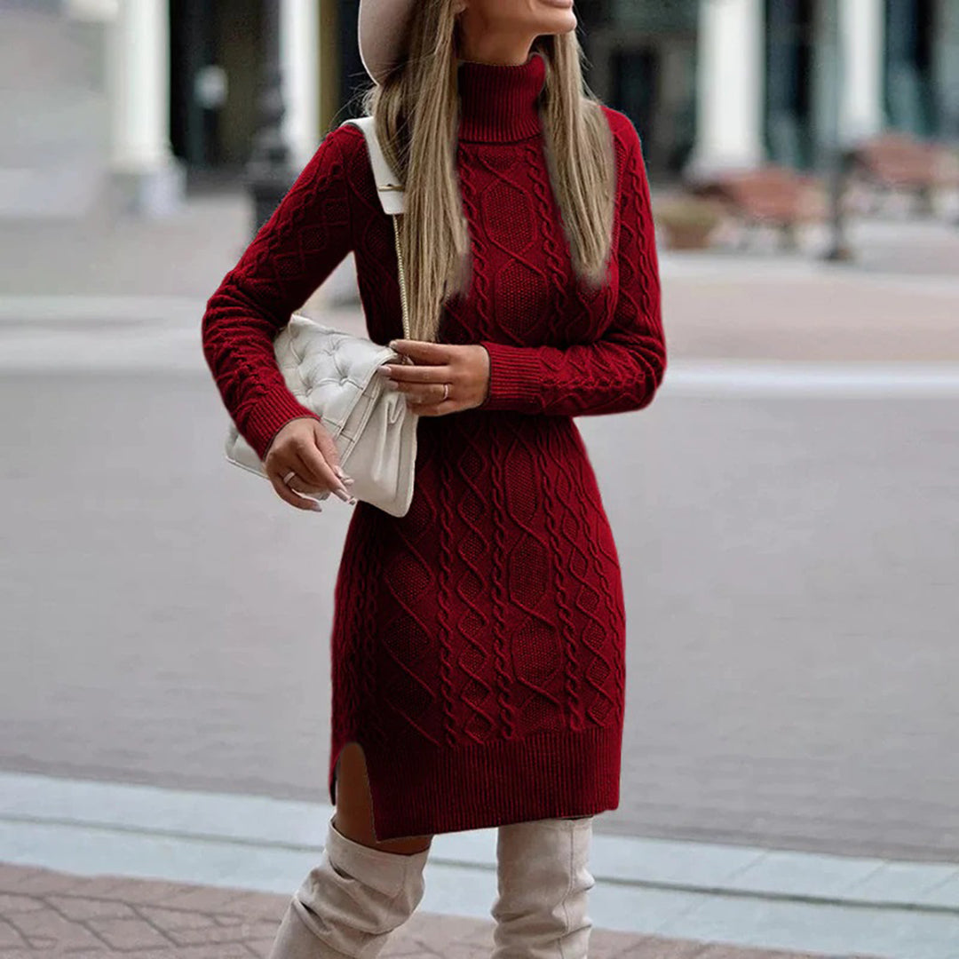 Damen Strickkleid mit Zopfmuster und Rollkragen - Burgund