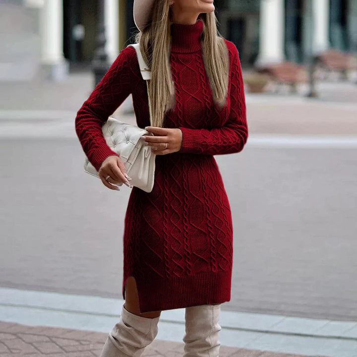 Damen Strickkleid mit Zopfmuster und Rollkragen - Burgund