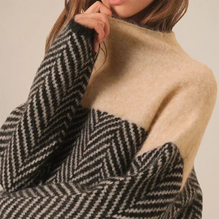 Damen Strickpullover mit Chevronmuster und Stehkragen