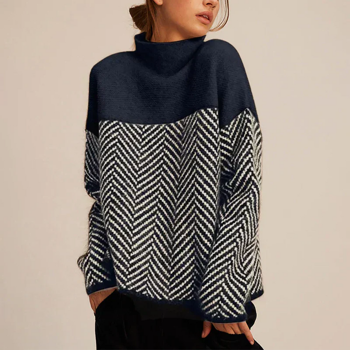Damen Strickpullover mit Chevronmuster und Stehkragen