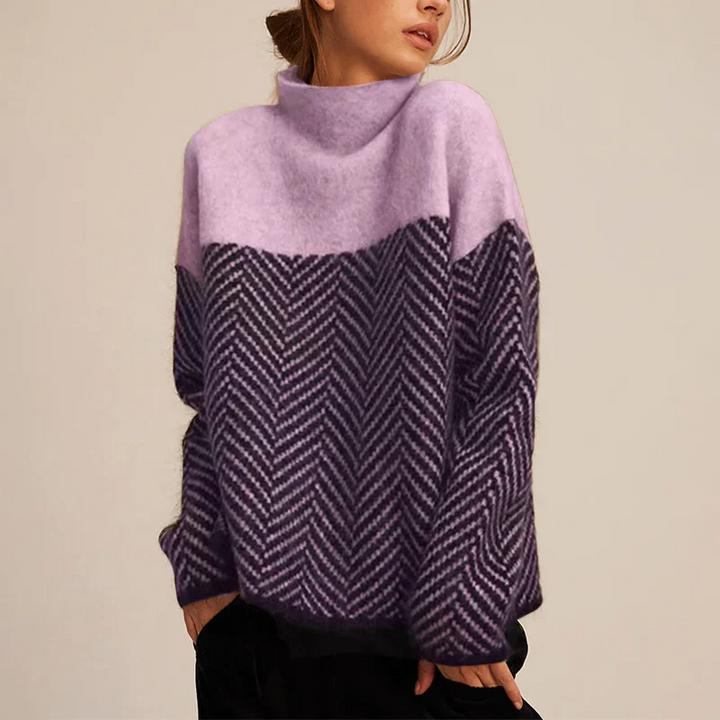 Damen Strickpullover mit Chevronmuster und Stehkragen