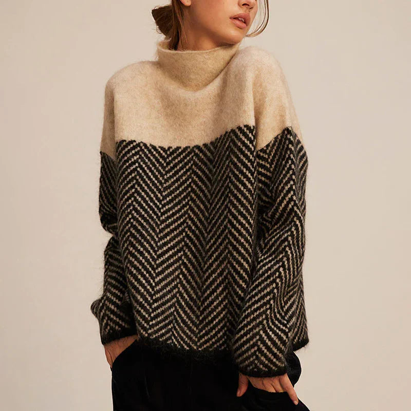 Damen Strickpullover mit Chevronmuster und Stehkragen