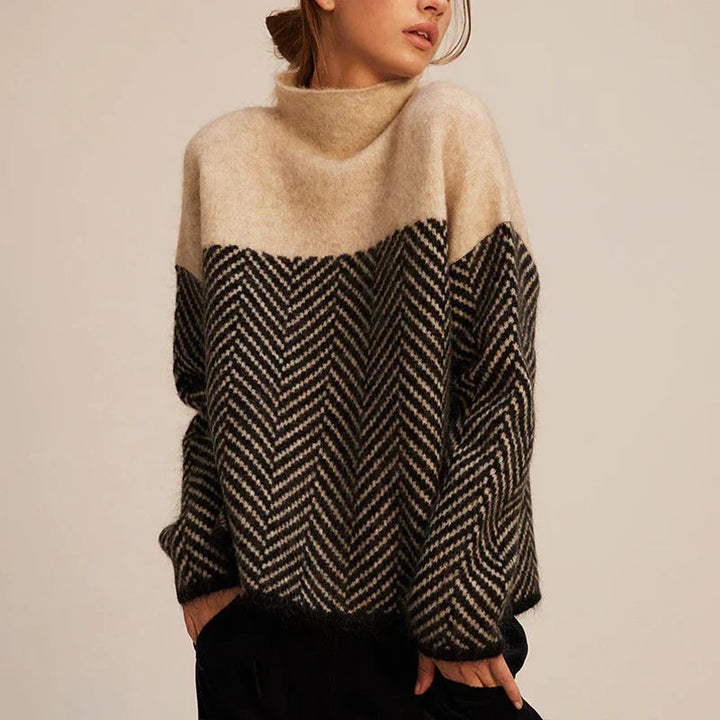 Damen Strickpullover mit Chevronmuster und Stehkragen