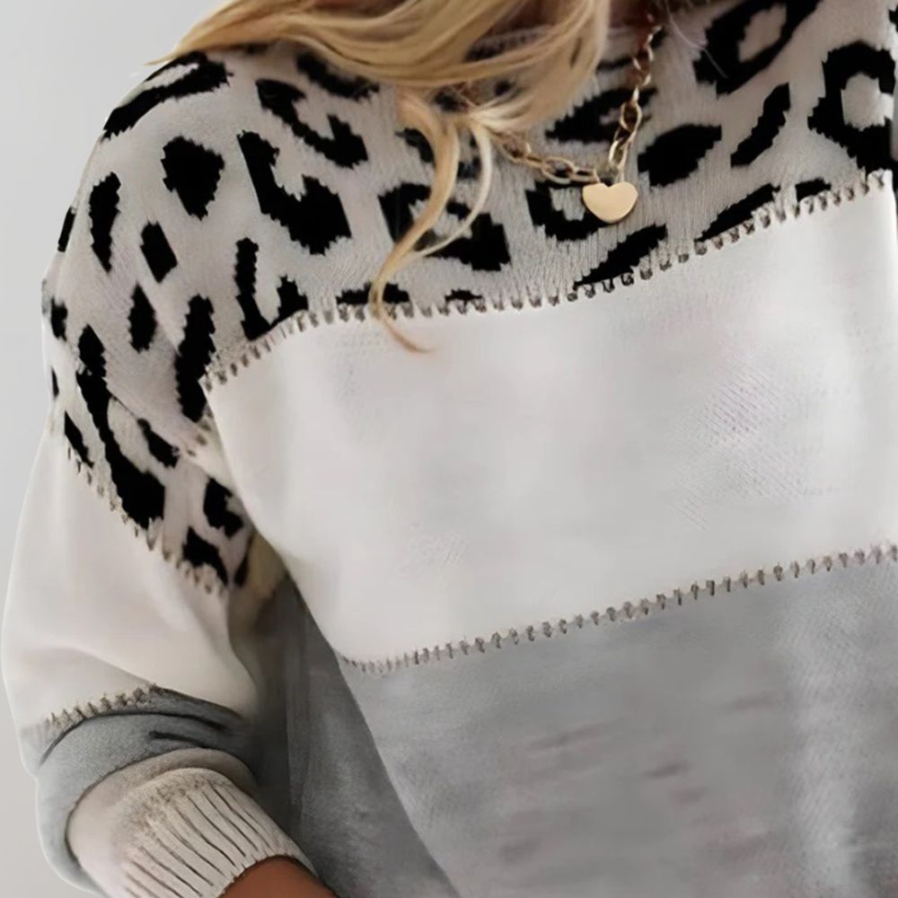 Damen Strickpullover mit Farbblöcken und Leopardenmuster
