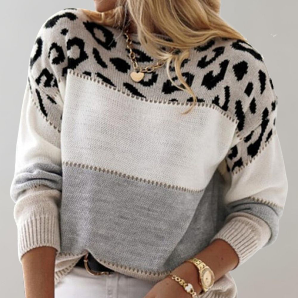 Damen Strickpullover mit Farbblöcken und Leopardenmuster