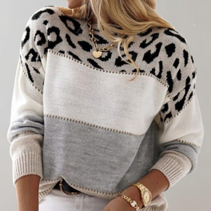 Damen Strickpullover mit Farbblöcken und Leopardenmuster