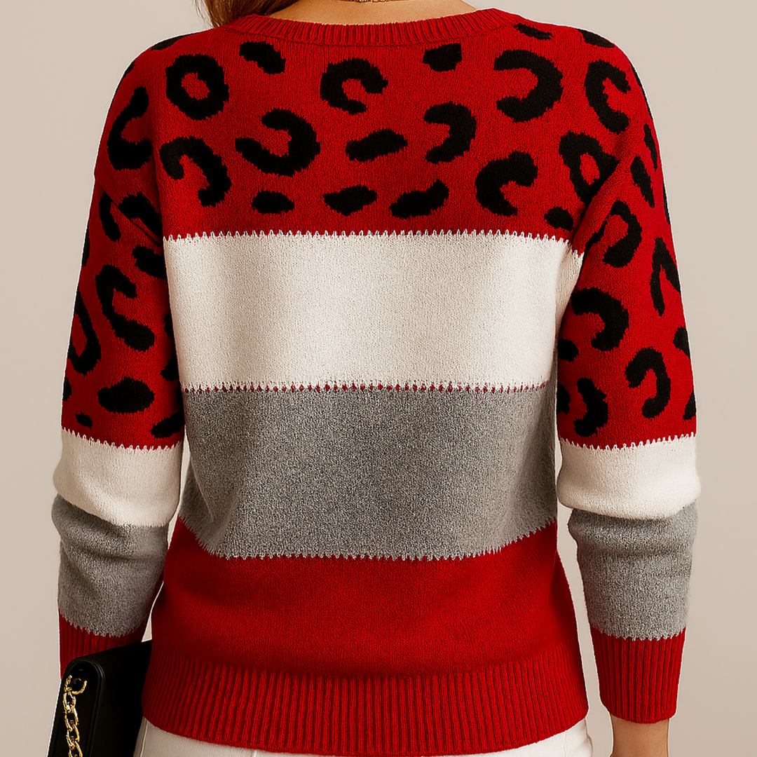 Damen Strickpullover mit Farbblöcken und Leopardenmuster