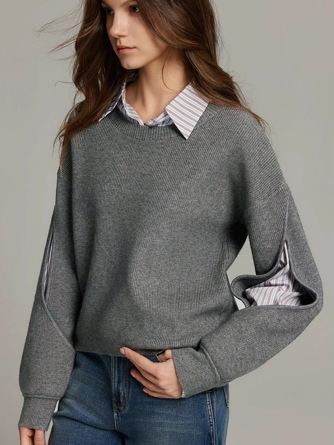 Damen Strickpullover mit seitlichen Ärmelschlitzen