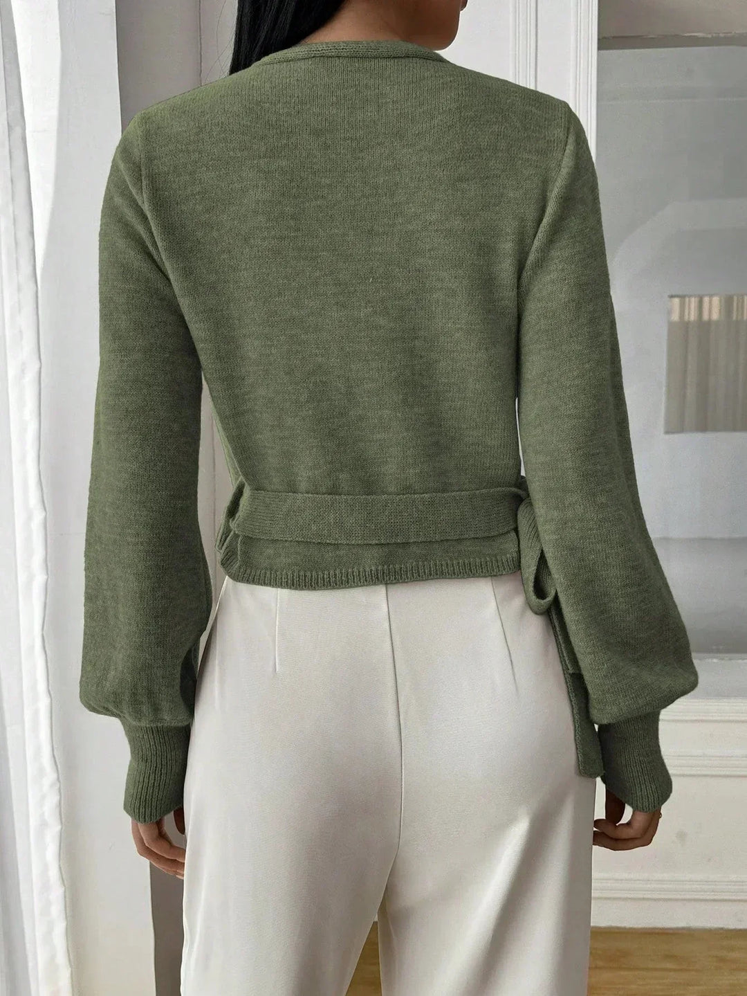 Cropped Wrap Knit Sweater with Tie Waist and V-Neckline