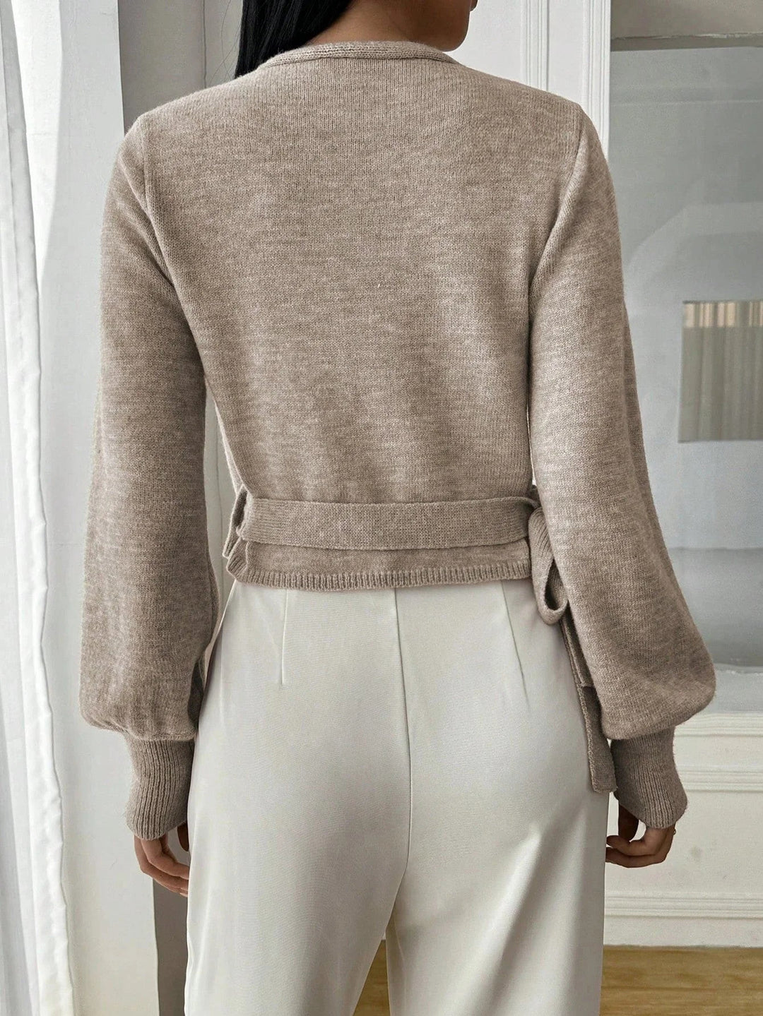 Cropped Wrap Knit Sweater with Tie Waist and V-Neckline