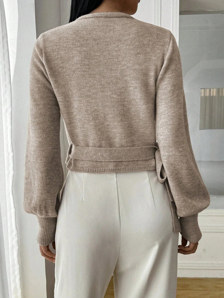Cropped Wrap Knit Sweater with Tie Waist and V-Neckline