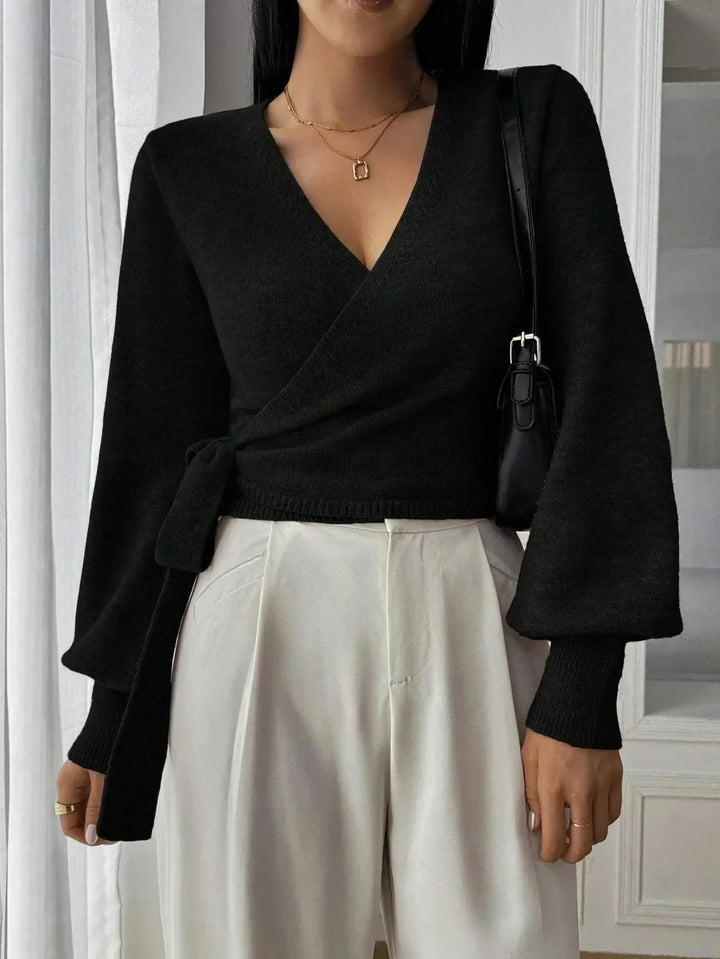 Cropped Wrap Knit Sweater with Tie Waist and V-Neckline