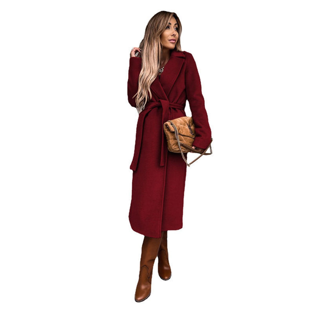 Trenchcoat Damen Eleganter Langer Wollmantel mit Bindegürtel