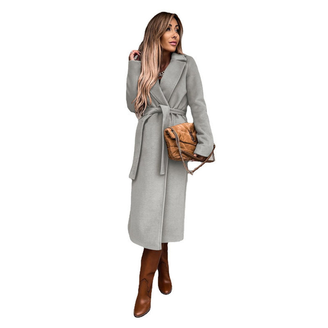 Trenchcoat Damen Eleganter Langer Wollmantel mit Bindegürtel - Hellgrau