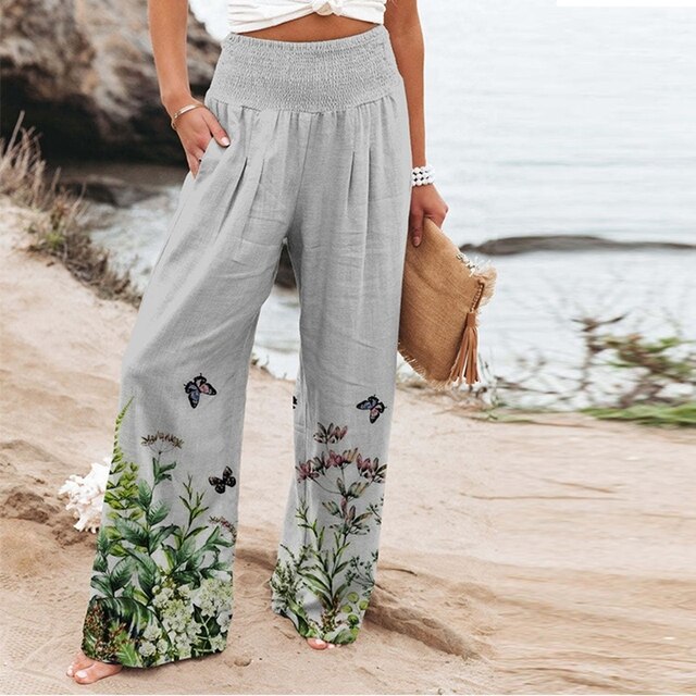 Hose für Damen mit Weitem Bein und Blumenmuster