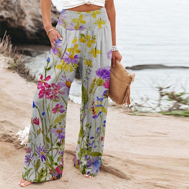 Hose für Damen mit Weitem Bein und Blumenmuster