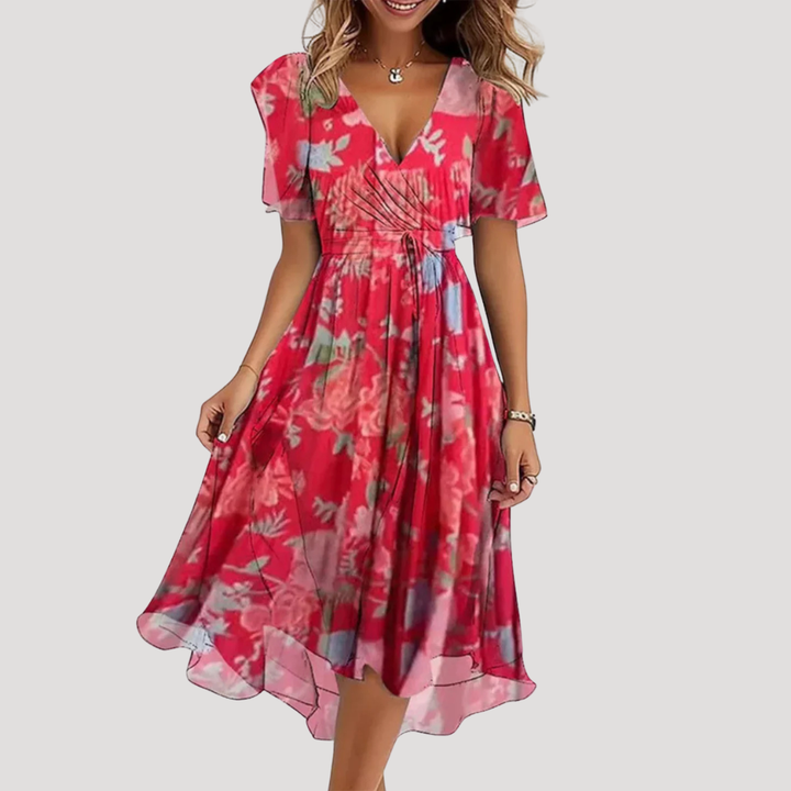 Red floral wrap midi dress with short sleeves, cinched waist and asymmetrical hem