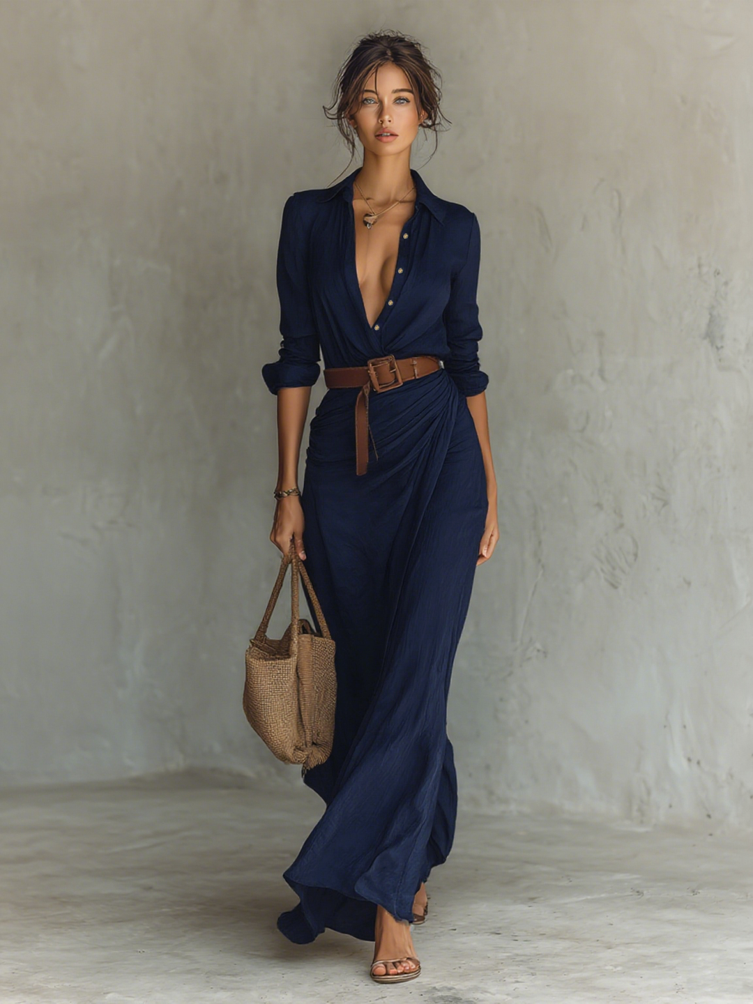Navy blue belted lapel maxi dress with long sleeves and brown belt