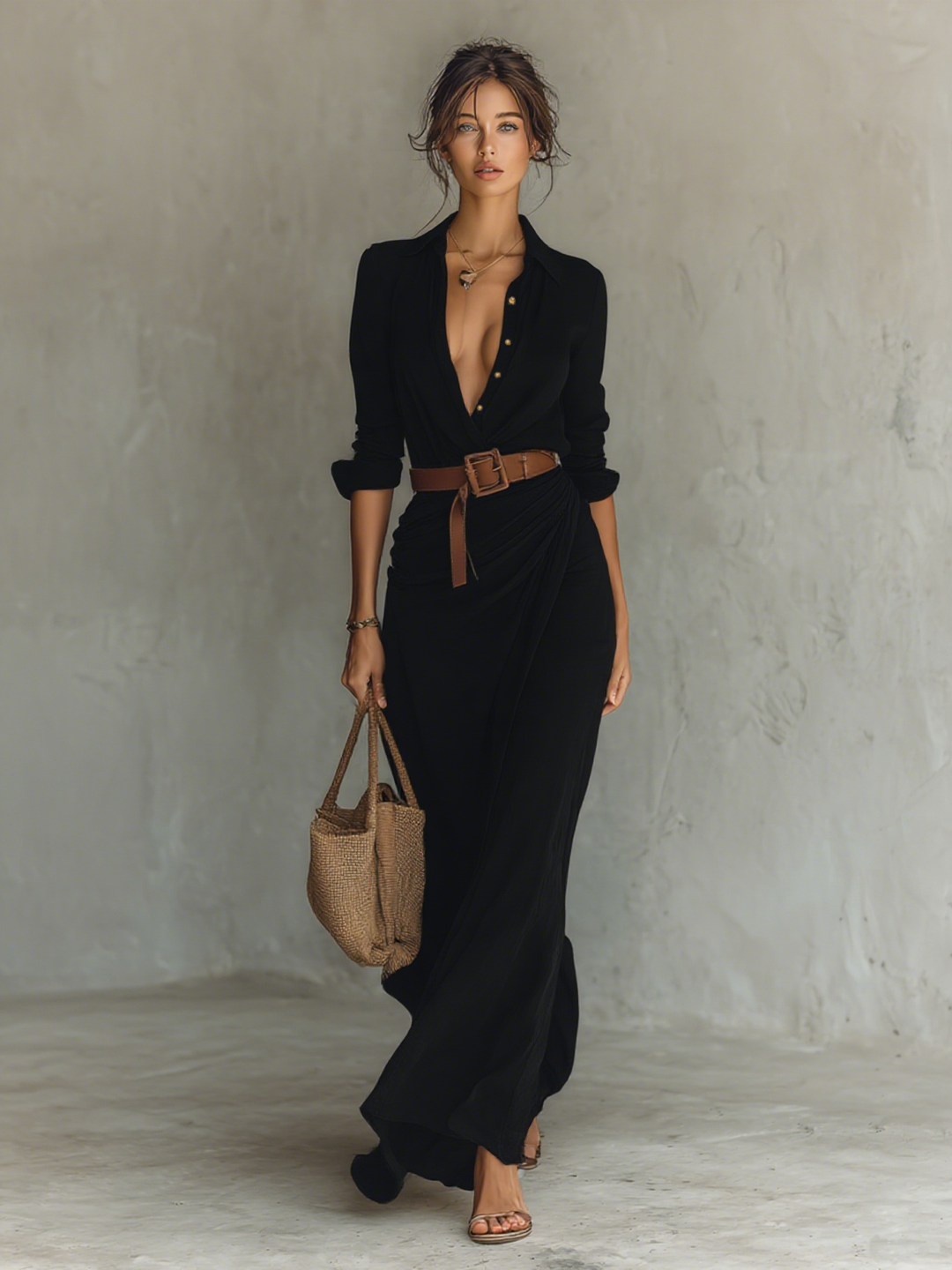 Black belted lapel maxi dress with long sleeves and brown belt detail