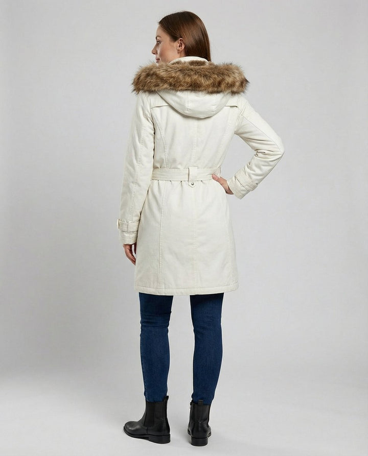 Wintermantel Damen Langer Gefütterter Parka mit Kunstfell-Kapuze