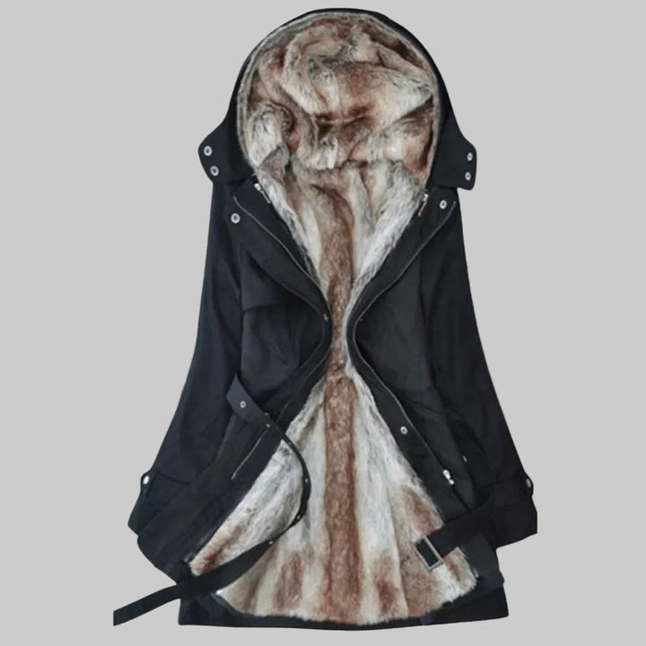 Wintermantel Damen Langer Gefütterter Parka mit Kunstfell-Kapuze - Schwarz