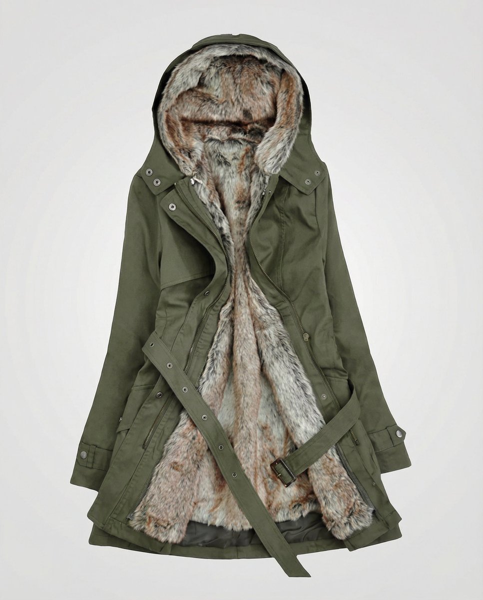 Wintermantel Damen Langer Gefütterter Parka mit Kunstfell-Kapuze - Grün