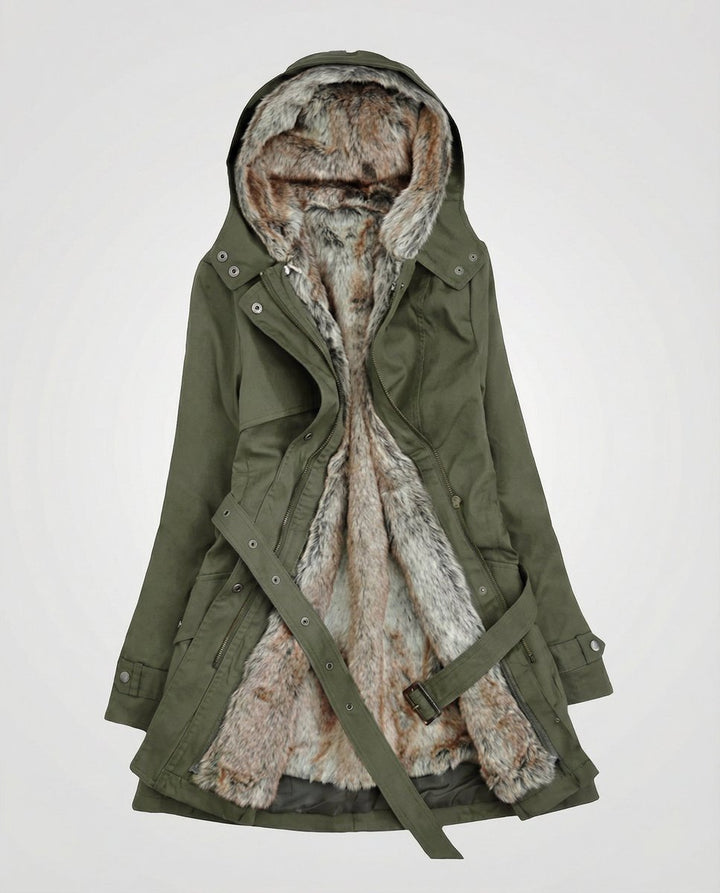 Wintermantel Damen Langer Gefütterter Parka mit Kunstfell-Kapuze - Grün