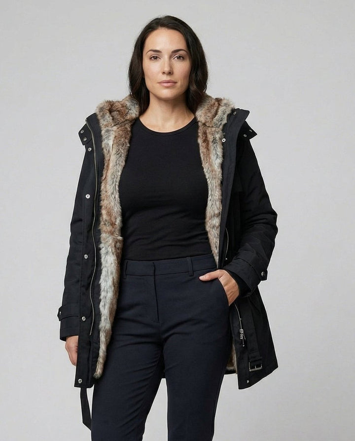 Wintermantel Damen Langer Gefütterter Parka mit Kunstfell-Kapuze
