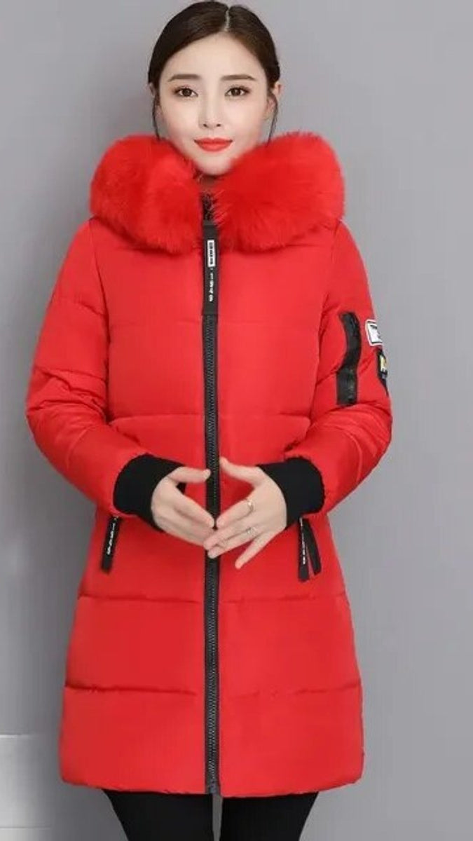 Wintermantel Damen Langer Parka Pelzkragen Kapuze Wattiert - Rot