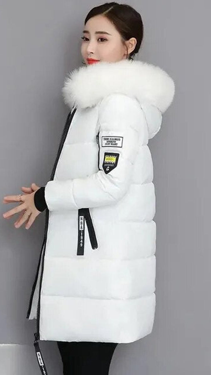 Wintermantel Damen Langer Parka Pelzkragen Kapuze Wattiert - Weiß