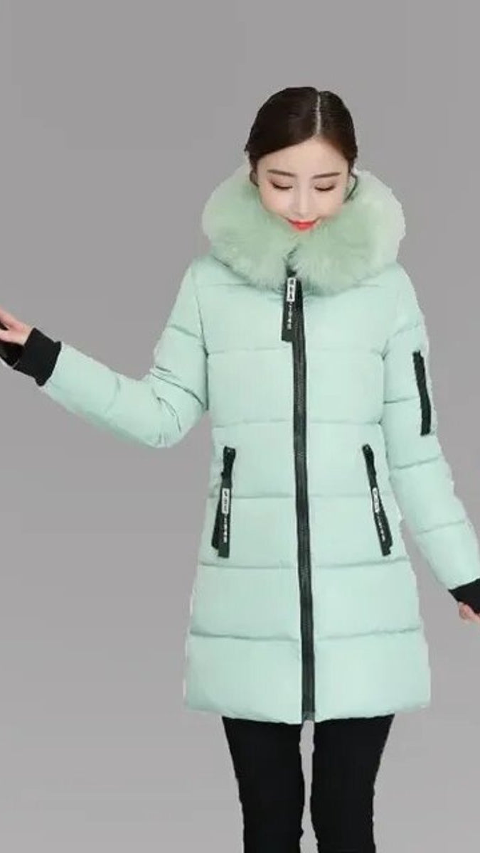 Wintermantel Damen Langer Parka Pelzkragen Kapuze Wattiert - Erbsengrün