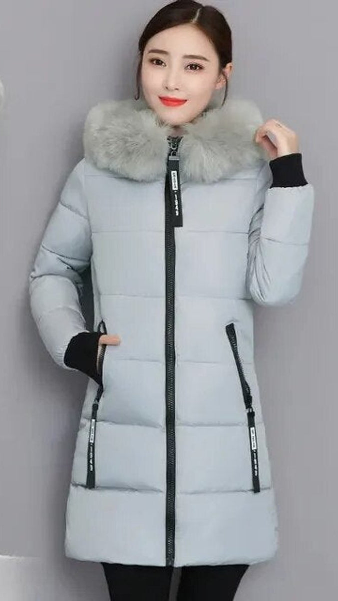 Wintermantel Damen Langer Parka Pelzkragen Kapuze Wattiert - Grau