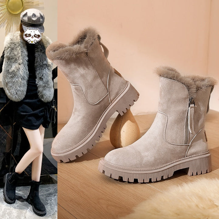 Damen Winterstiefel mit Plüschbesatz und Reissverschluss